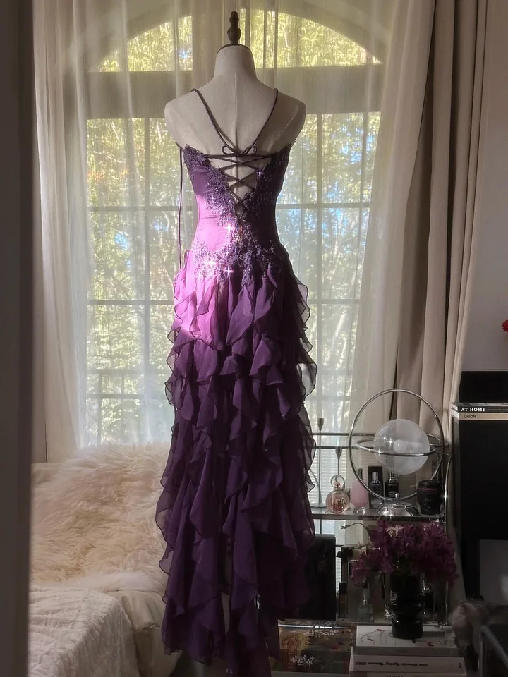 Pretty Purple Chiffon Evening Dresses, Vintage Appliques Tiered Ruffles Long Party Dress Y8697