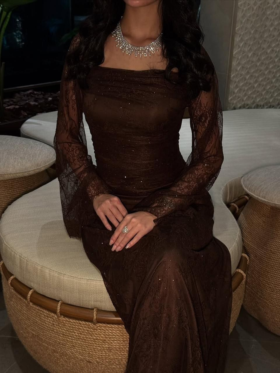 Vintage Brown Lace Mermaid Long Wedding Guest Dress Party Dress SP1278