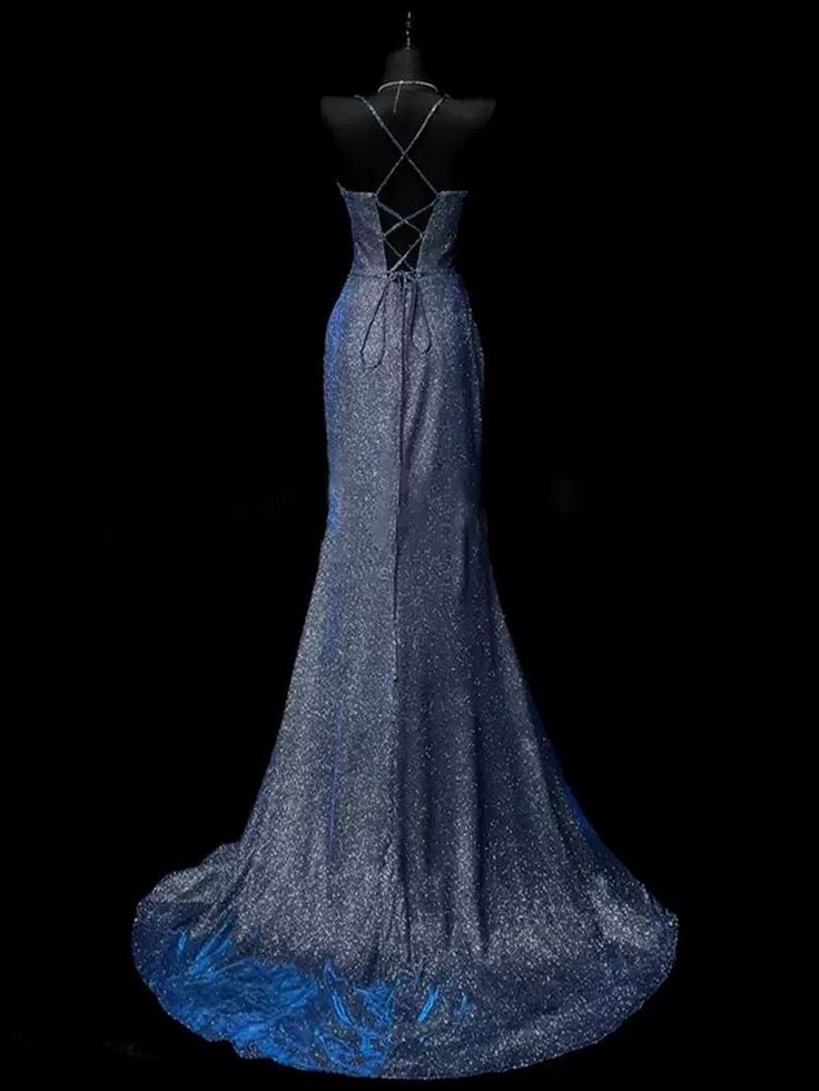 Classy Mermaid Spaghetti Straps Navy Blue Satin Long Evening Dress Prom Dress Y8768