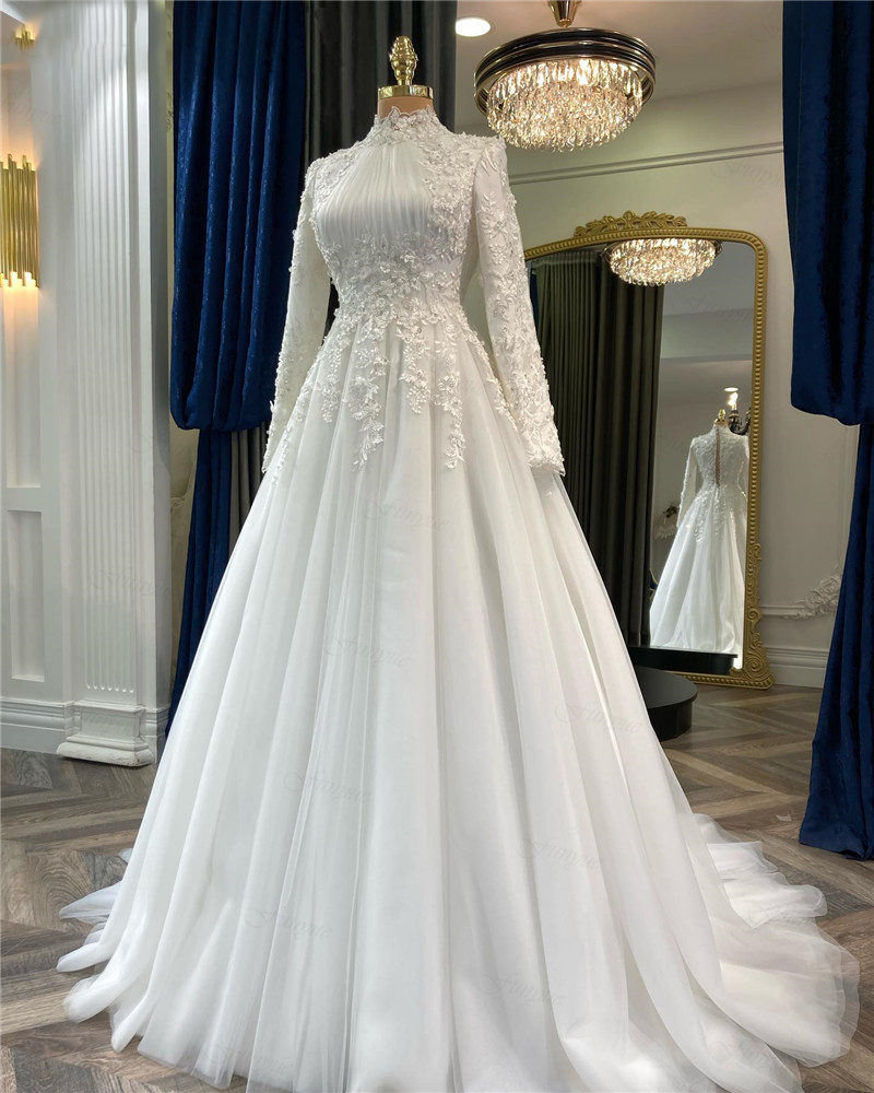 Elegant Muslim Wedding Dress For Bride Appliques Flowers Arabic Dubai Simplepromdress Elegant Muslim Wedding Dress For Bride Appliques Flowers Arabic Dubai Simplepromdress