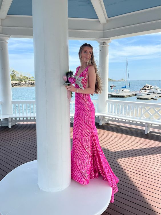 Elegant Hot Pink Sequins Mermaid Long Evening Prom Dresses, Custom Spa – Simplepromdress Elegant Hot Pink Sequins Mermaid Long Evening Prom Dresses, Custom Spa – Simplepromdress