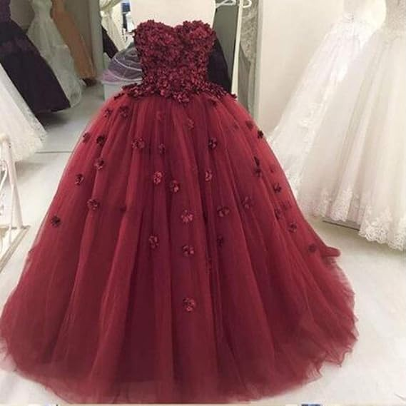 Charming Strapless Burgundy Tulle Ball Gown With Hand Flowers Y1218