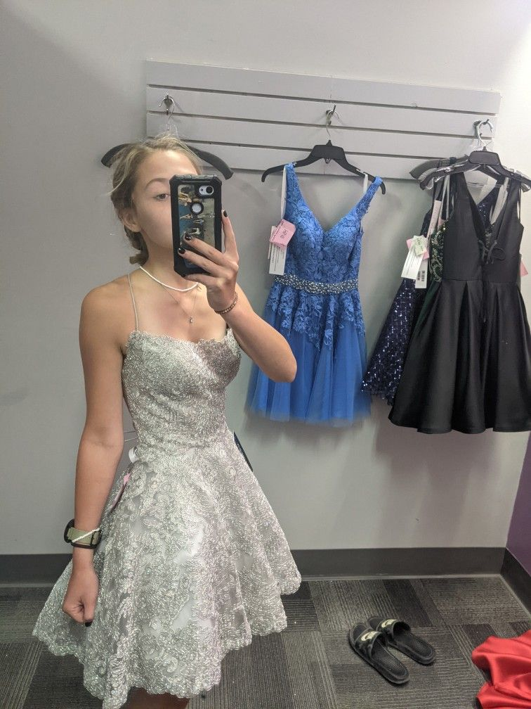 Cute A line Silver Lace Homecoming Dress 8th Graduation Dress