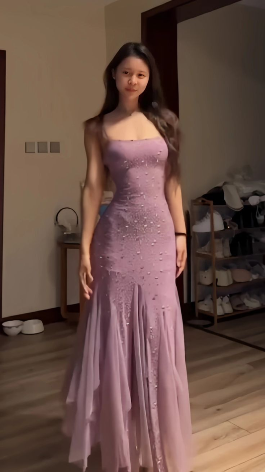 Classy Purple Spaghetti Straps Chiffon Sequin Beaded Formal Prom Dress Long Mermaid Evening Dress SP245