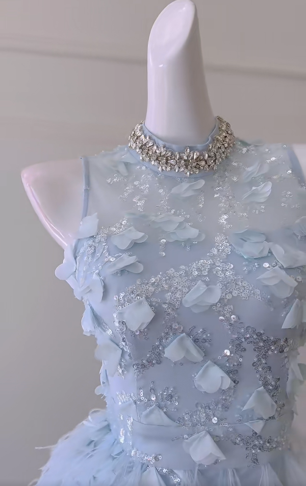 Classy Blue Sleeveless Sequin Feathers Mini Birthday Outfits Sheath Homecoming Dress Y8980