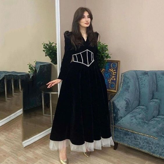 Black Velvet Formal Evening Dresses Women V Neck Long Sleeves Beads Wh Simplepromdress Black Velvet Formal Evening Dresses Women V Neck Long Sleeves Beads Wh Simplepromdress