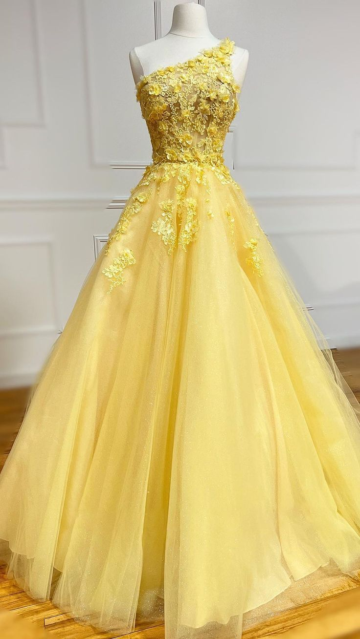 Unique One Shoulder 3D Appliques Yellow Prom Dress Y6075 Simplepromdress Unique One Shoulder 3D Appliques Yellow Prom Dress Y6075 Simplepromdress