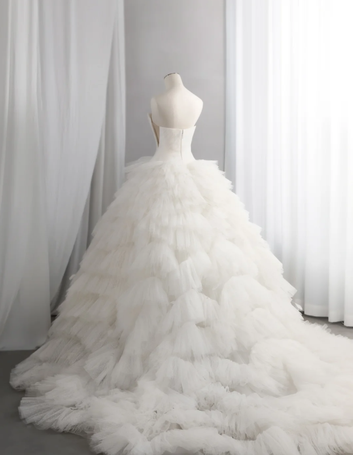 Pretty Off White Strapless Tulle Pleated Layered Long Wedding Dress Bridal Dress SP1522