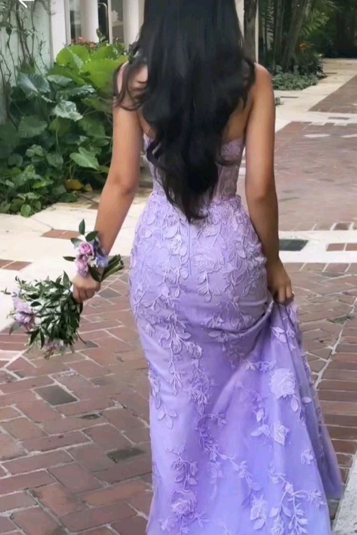 Purple Strapless Tulle Lace Appliques Evening Dress Mermaid Prom Dress Y7910