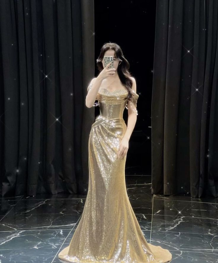 Sparkly Gold Sequin Beaded Evening Dress Off The Shoulder Mermaid Prom Dress Y8812