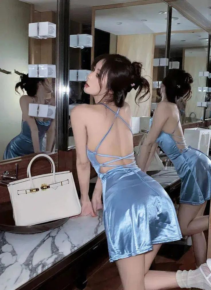 Blue Halter Satin Backless Homecoming Dress Sexy Cocktail Dress Y9783
