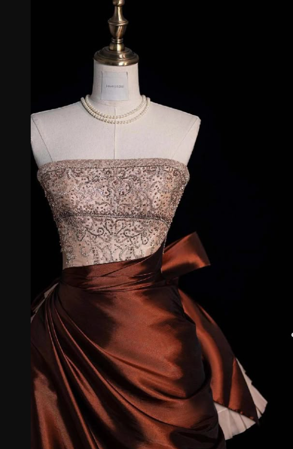 Vintage Strapless Satin Beaded A Line Evening Dress Prom Gown Y8795