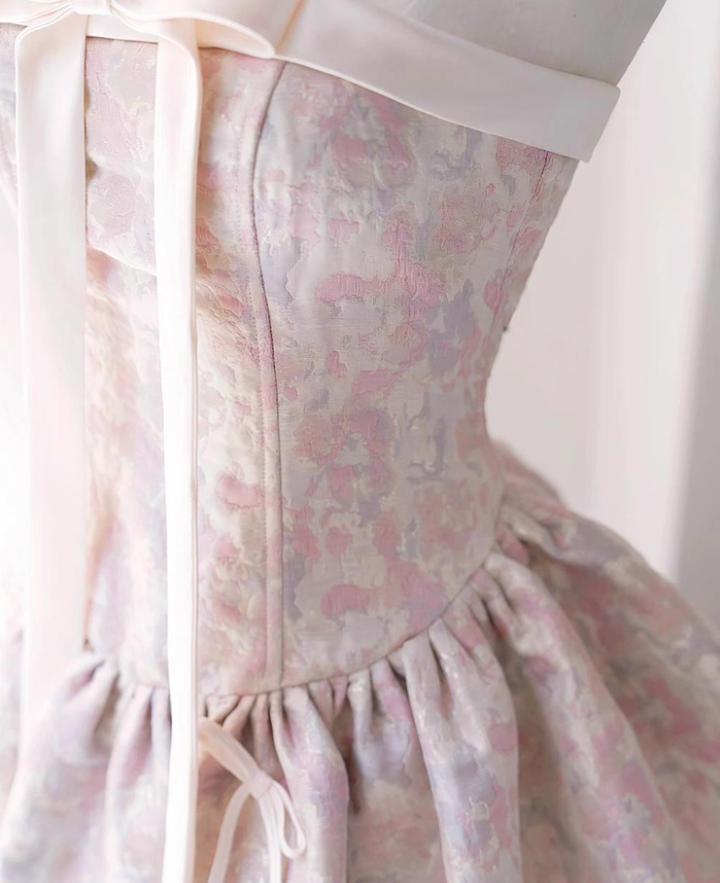 Sweet Pink Strapless Satin Print Floral Short A Line Formal Homecoming Dress Birthday Outfits Y9368