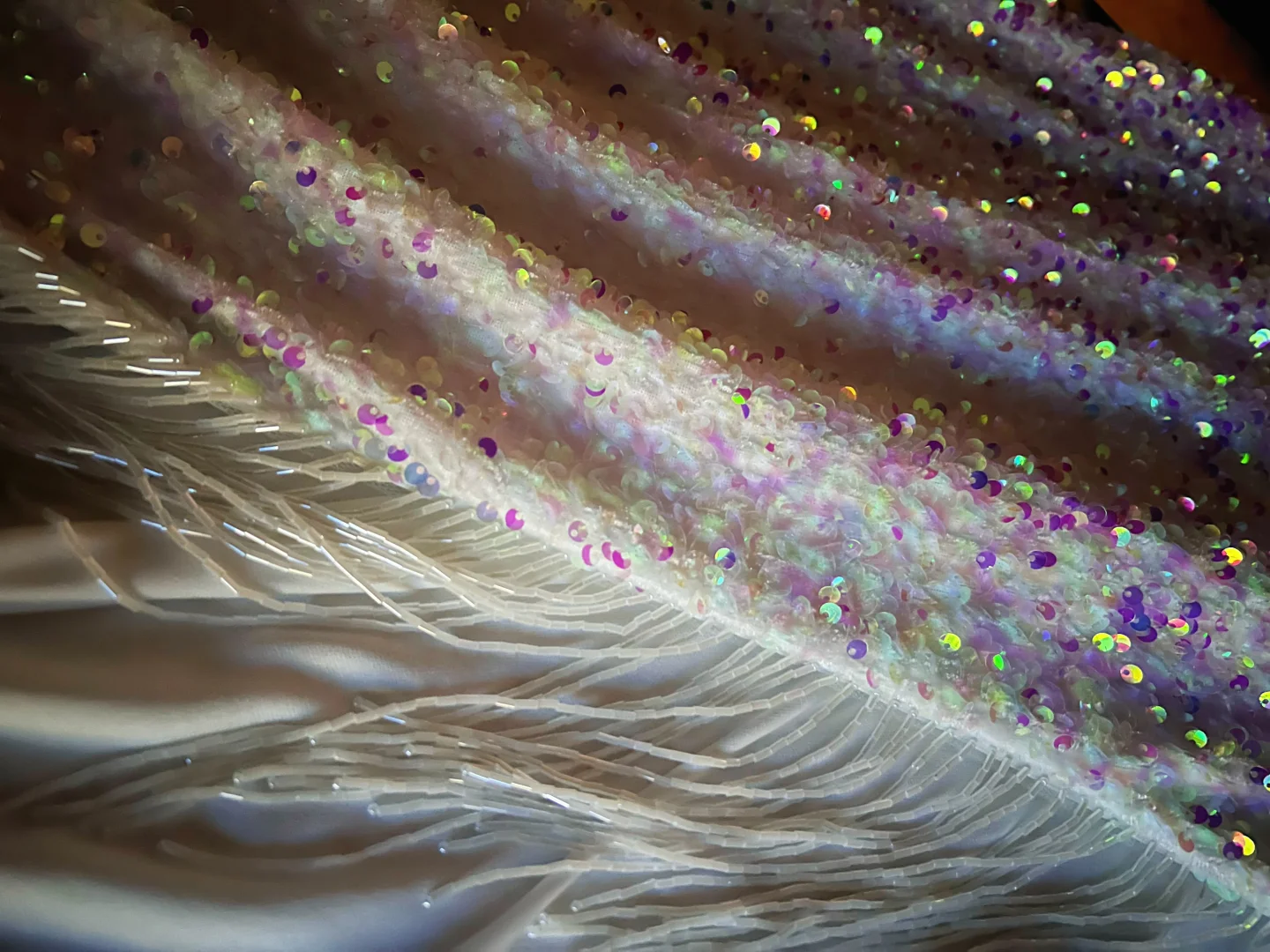 Sparkly White Spaghetti Straps Sequins Prom Dress,Mermaid Slit Tassel Evening Dress Y8648