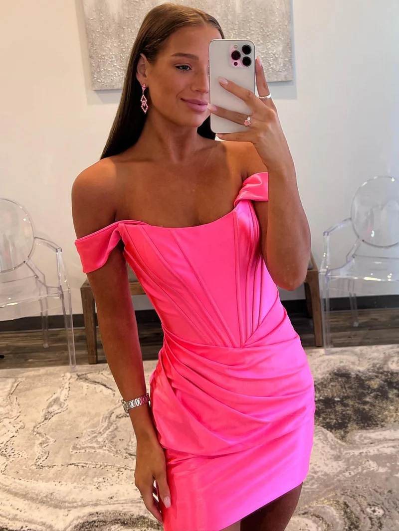 Sheath Off the Shoulder Short Satin Homecoming Dress Y2966