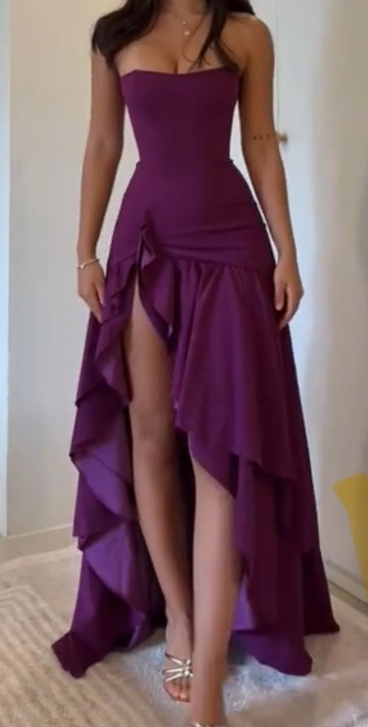 Classy Strapless Purple Ruffles Long Prom Dress Party Gown SP211