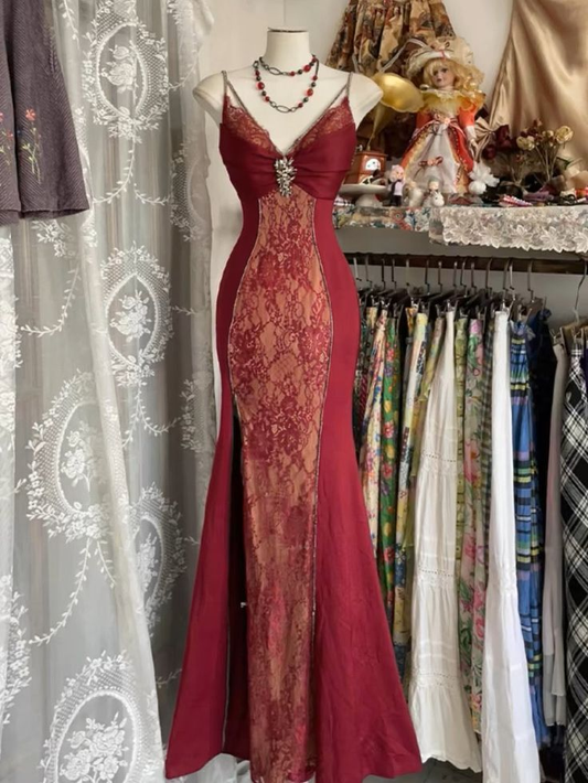 Vintage V Neck Lace Burgundy Long Prom Dress Mermaid Evening Dress Y8779