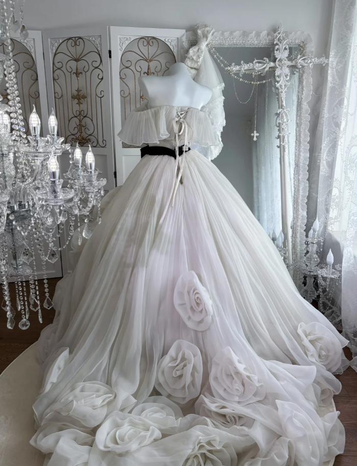 Elegant Strapless Tulle Pleated 3D Flowers Long Birthday Quinceanera Dress Sweet 16 Dress SP1447