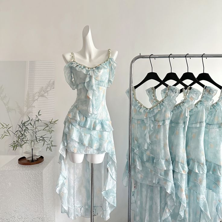 Vintage Chiffon Blue Mini Ruffle Party Dress Prom Gown Y8758