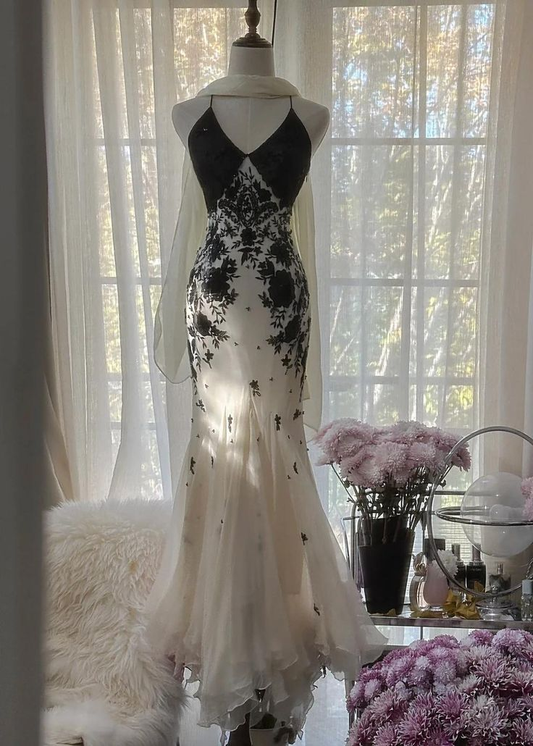 Classy Ivory Mermaid Spaghetti Strap Chiffon Appliques Beaded Prom Dress Evening Dress Y8782