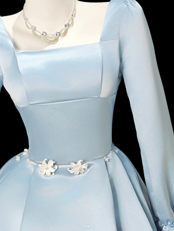 Cute Blue Square Neck Satin A Line Short Homecoming Dress Birthday Outfits SP1916