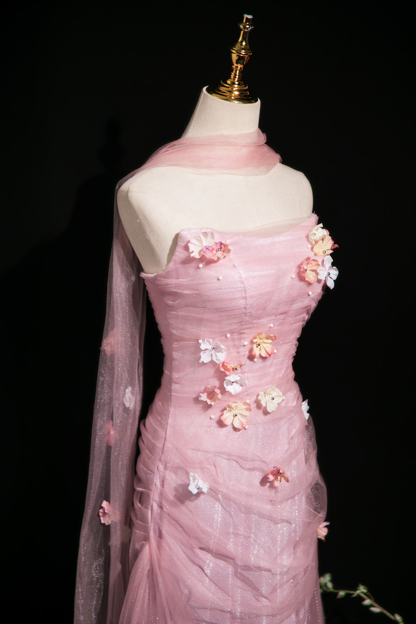 Pretty Pink Tulle Appliques Wedding Dress,Strapless Mermaid Party Evening Dress Y8714
