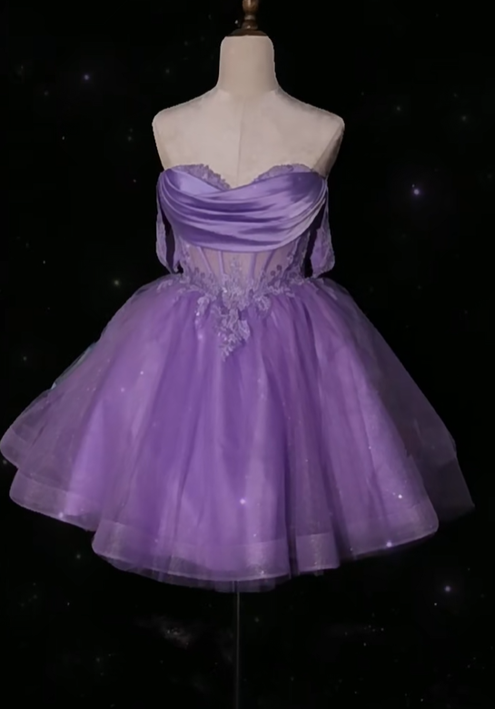 Lavender Tulle Lace Appliques Off The Shoulder A Line Birthday Outfits Pretty Homecoming Dress Y9343