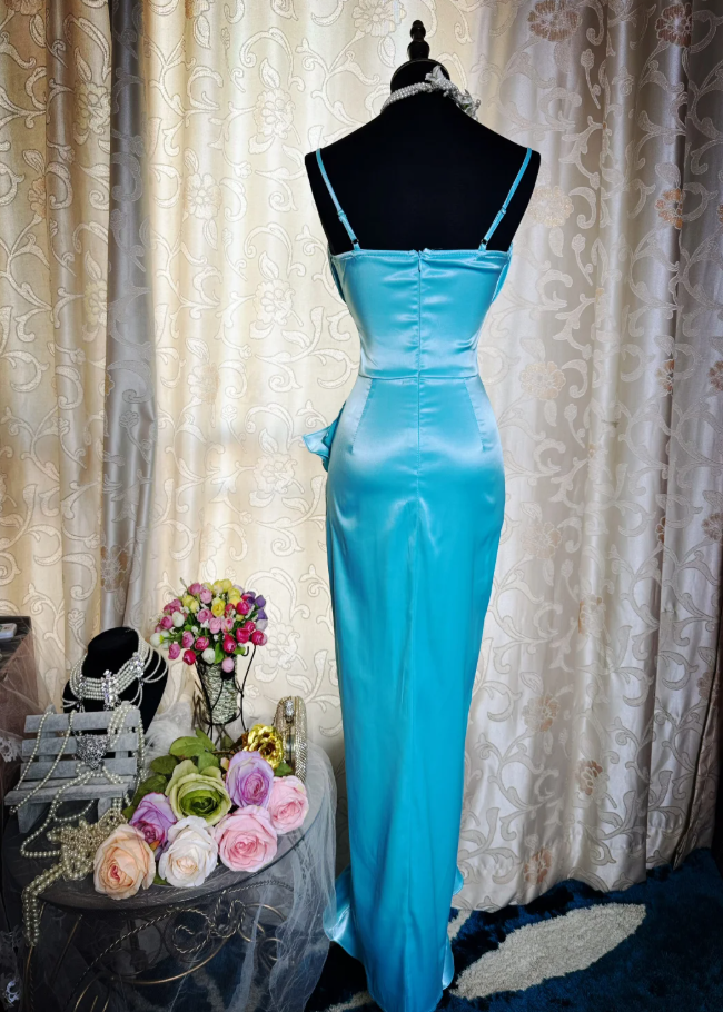 Sexy Spaghetti Straps Blue Satin Ruffles Slit Long Party Dress Formal Wedding Guest Dress SP1944