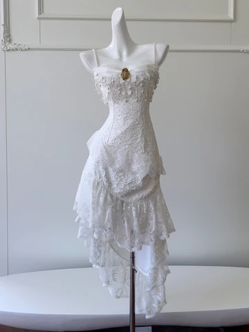 Pretty White Spaghetti Straps Lace Prom Dress Party Dress Y8745