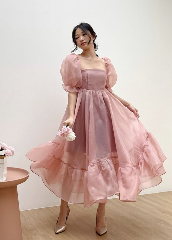 Blush Pink Baby Doll Puff Sleeves Dress, Pretty French Princess Dress,A-line Prom Dress Y6254