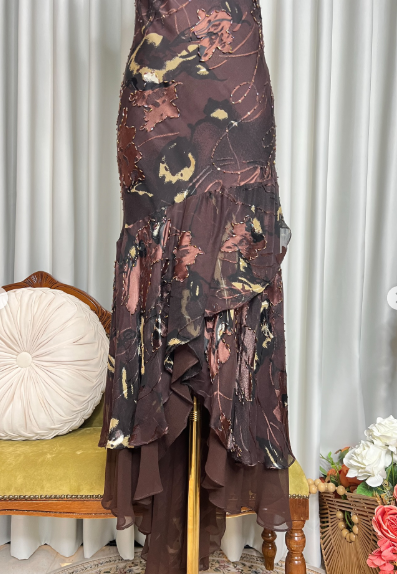 Vintage Halter Chocolate-Brown Chiffon Floral Prints Beaded Mermaid Party Dress Formal Prom Gown With Ribbon SP626