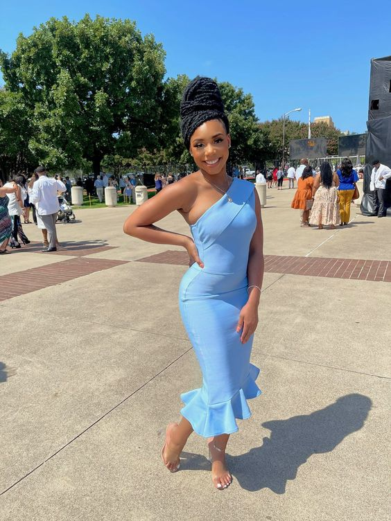 Elegant Graduation Outfit Dress,Blue One Shoulder Prom Dress Y2007