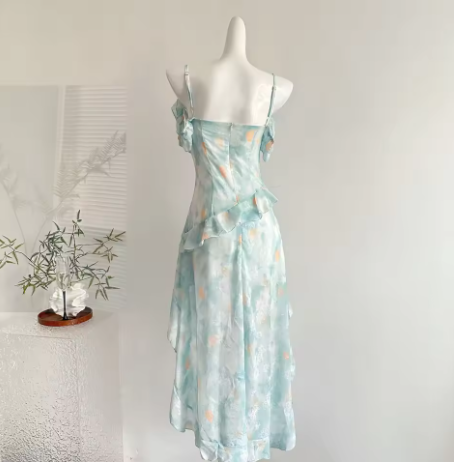 Vintage Chiffon Blue Mini Ruffle Party Dress Prom Gown Y8758