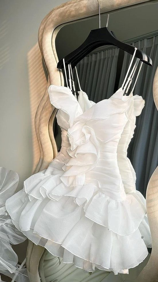 Classy White Spaghetti Straps Chiffon Ruffle Short Birthday Outfits Homecoming Dress SP107