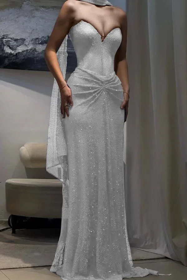Elegant Royal Blue Tulle Sequin Strapless Mermaid Prom Dress Evening Gown With Ribbon Y9499
