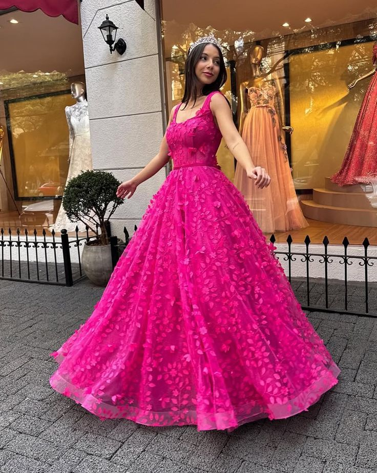 Hot Pink Tulle Appliques Evening Dress,Formal Prom Dress Ball Gown Y8180