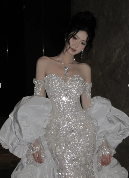 Classy Off The Shoulder Mermaid Evening Dress,White Tulle Sequin Long Party Dress Prom Dress Y8706