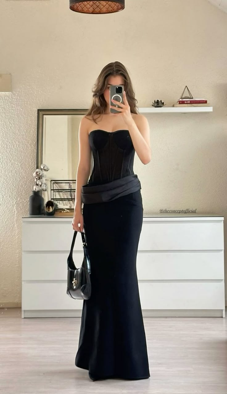 Chic Strapless Satin Mermaid Long Party Dress Black Formal Wedding Guest Dress SP1218