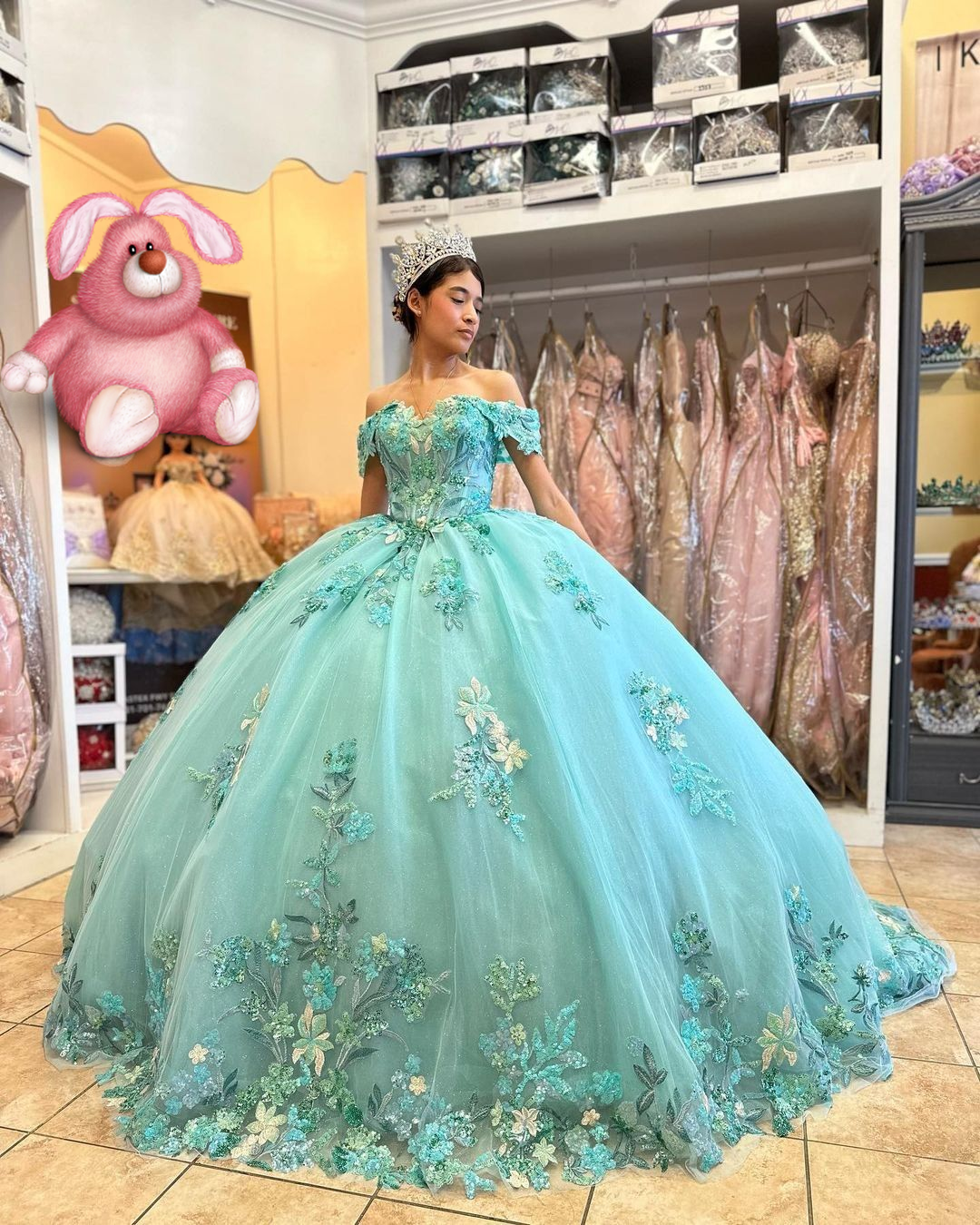Turquoise Lace Applique Ball Gown Long Ball Gowns Quinceanera