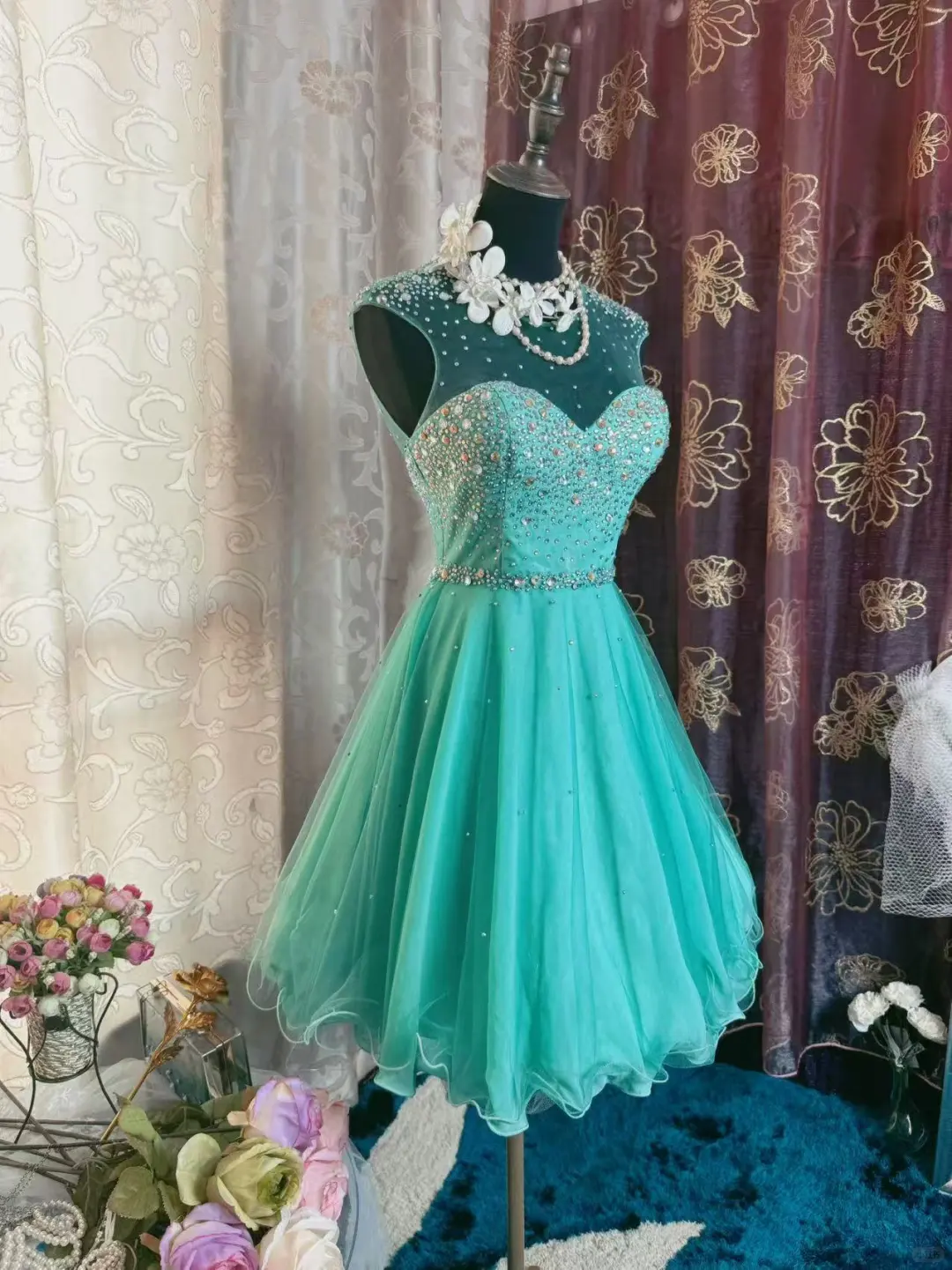 Gorgeous Green Tulle Beaded A Line Short Homecoming Dress Formal Birthday Outfits Y9471