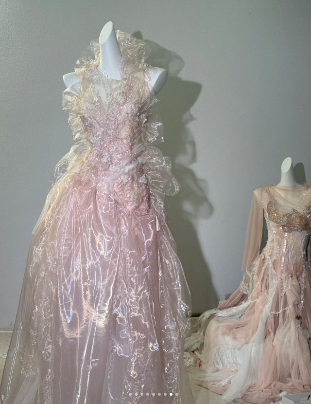 Fairy Pink Tulle Beaded Prom Dress,Long Backless Evening Dress Y8564