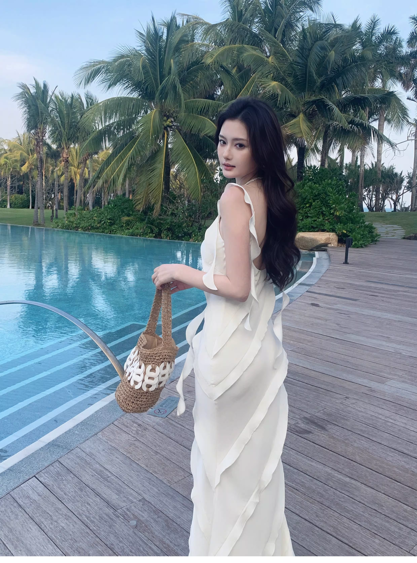 Classy V Neck White Satin Ruffles Mermaid Long Party Dress Formal Wedding Guest Dress SP1974