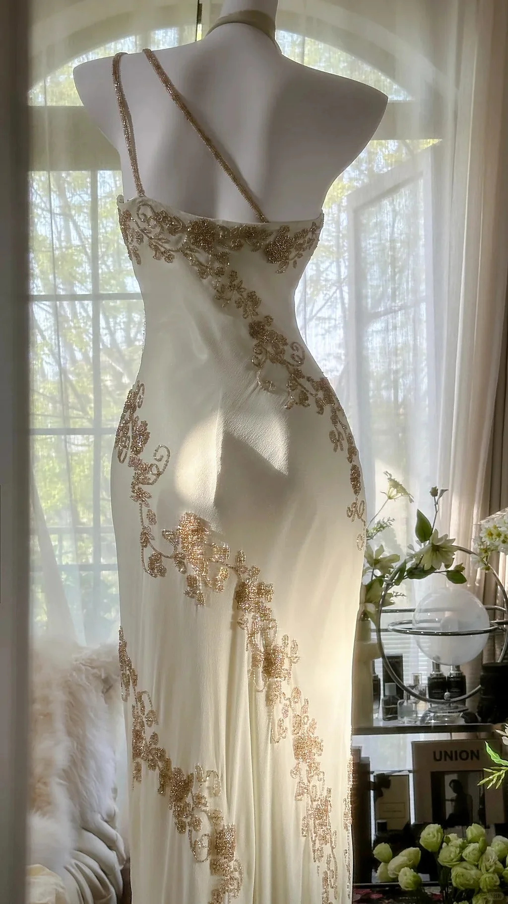 Vintage Ivory White One Shoulder Exquisite Beaded Long Chiffon Birthday Party Dress Evening Dress Prom Dress Y9794