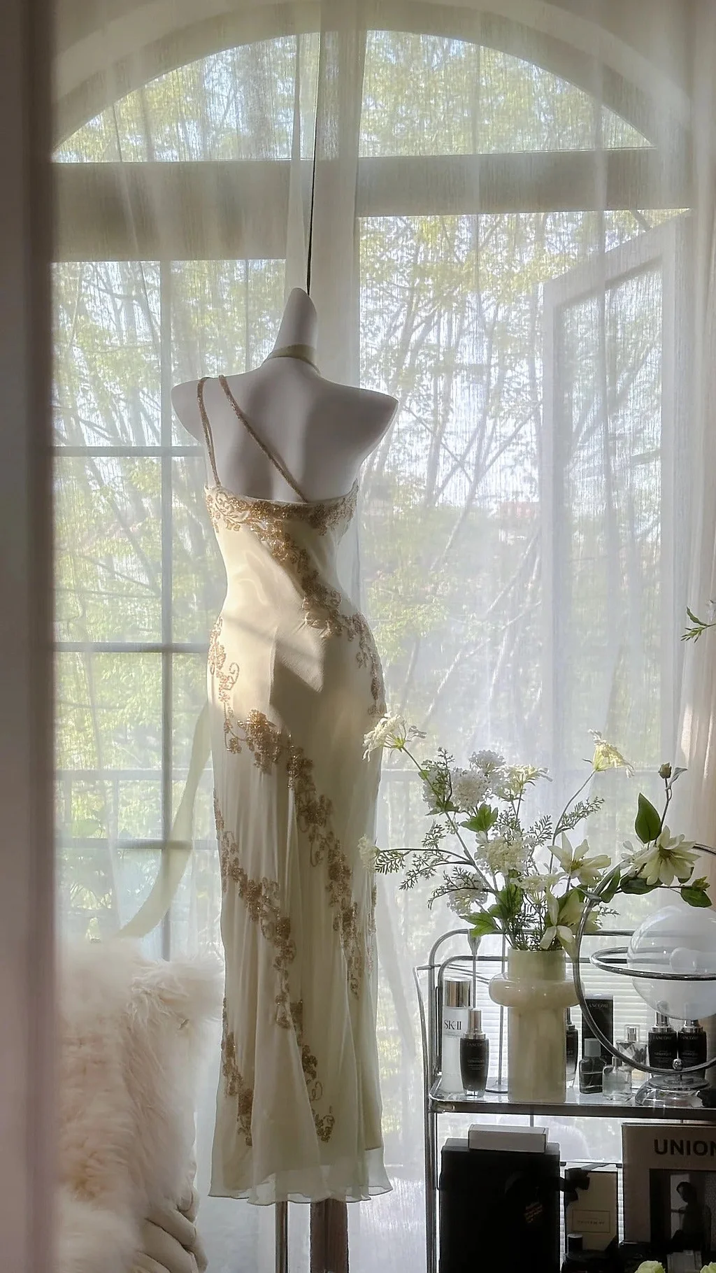Vintage Ivory White One Shoulder Exquisite Beaded Long Chiffon Birthday Party Dress Evening Dress Prom Dress Y9794