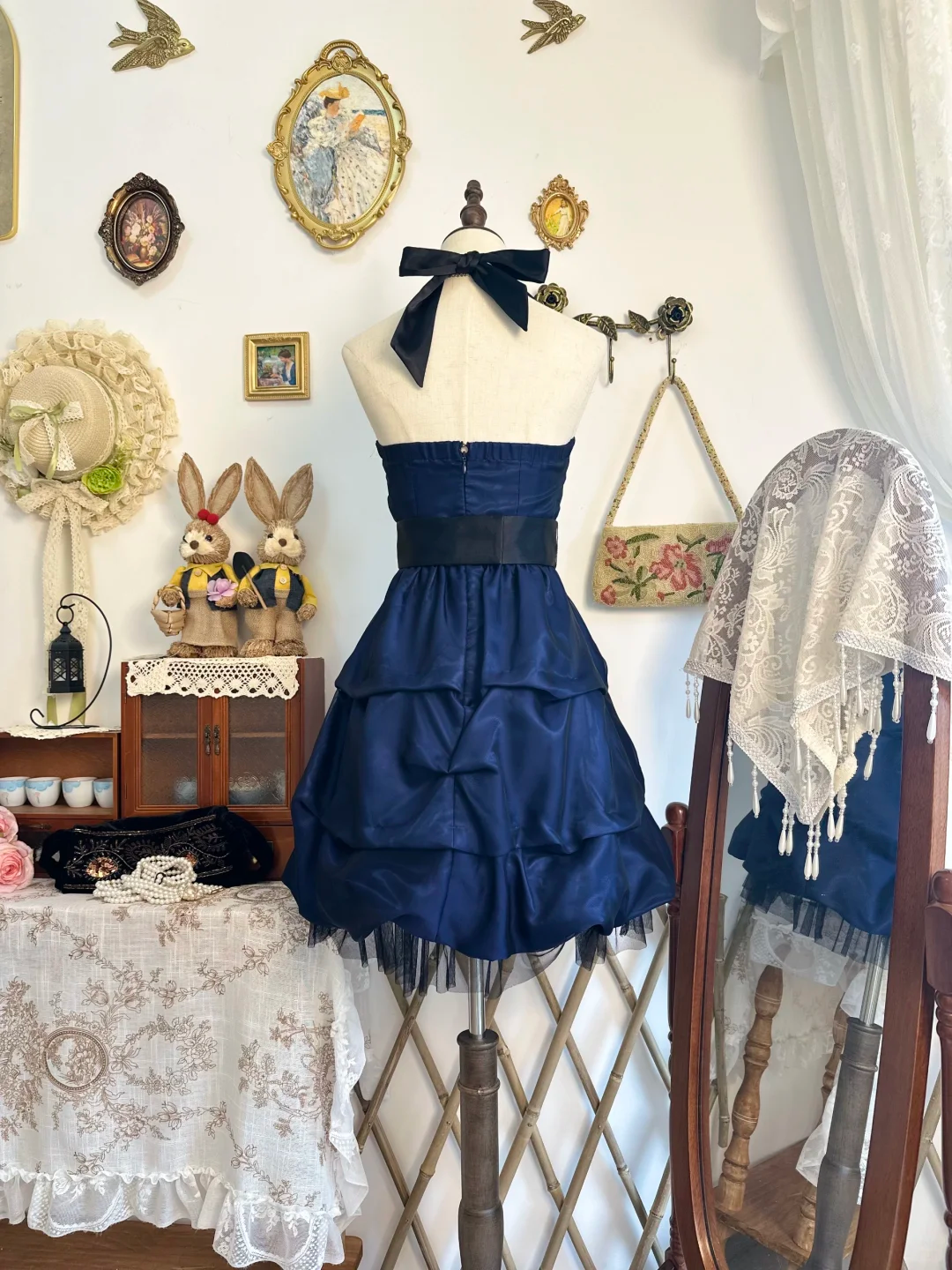 Vintage Blue Halter Satin Pleated Short Homecoming Dress Cocktail Dress Y9473