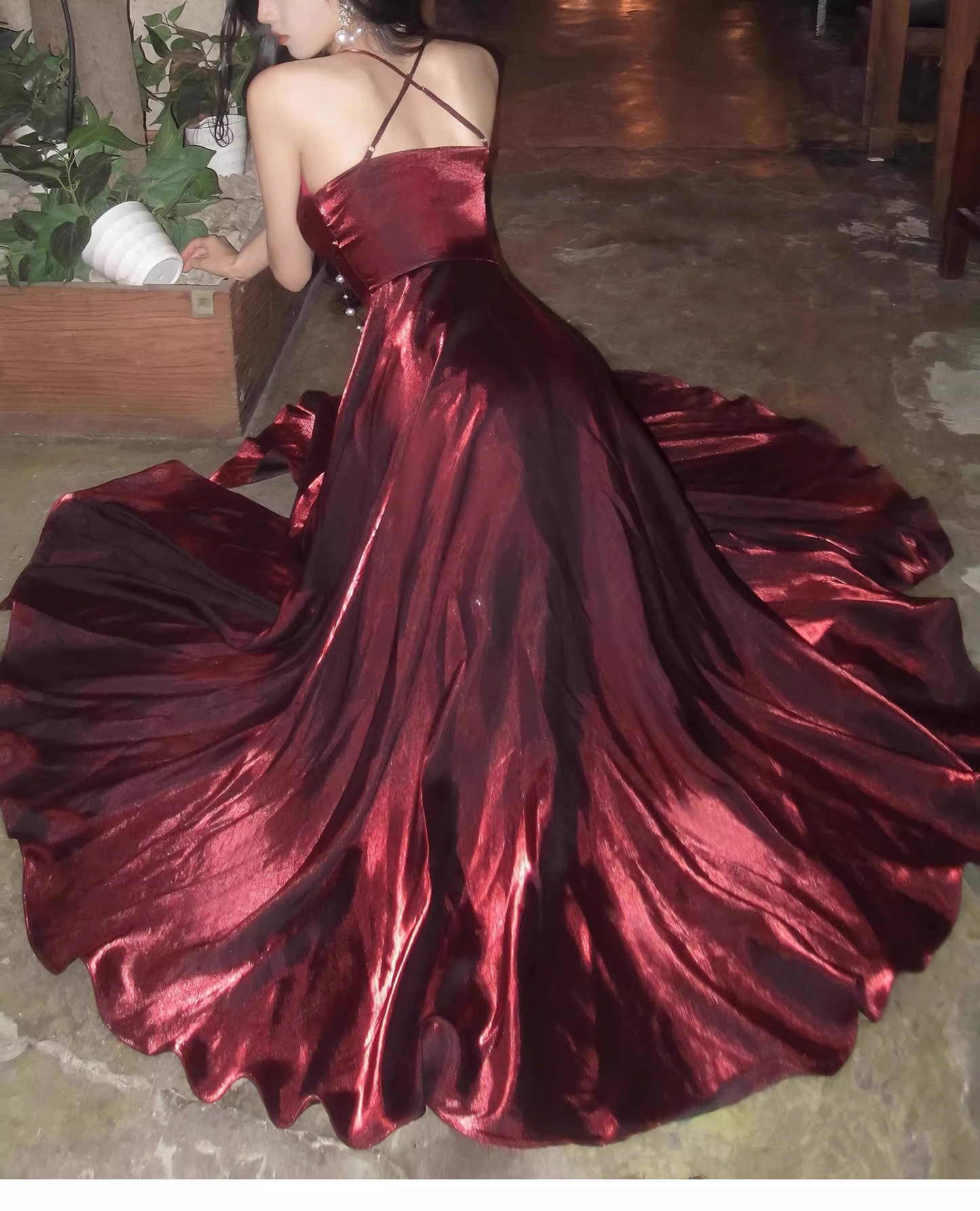 Elegant Burgundy V Neck Satin A Line Long Party Dress Birthday Dress SP1987