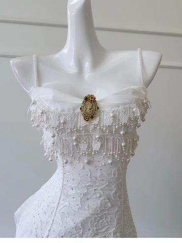 Pretty White Spaghetti Straps Lace Prom Dress Party Dress Y8745