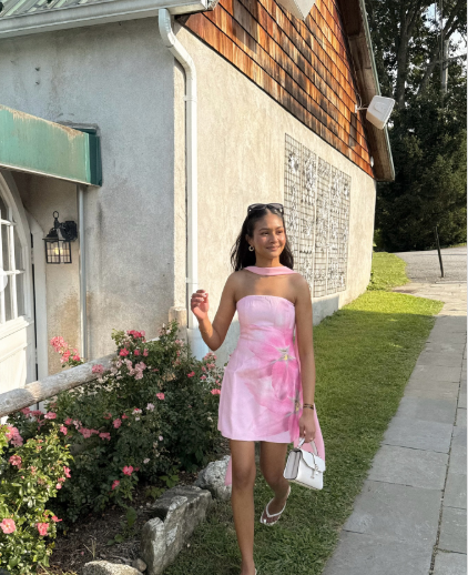 Pretty Pink Spaghetti Straps Satin Printed Floral Short 18th Birthday Outfits Homecoming Dress With Ribbon SP50