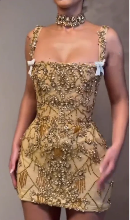Gorgeous Gold Cocktail Dress Short Sheath Homecoming Dress Birthday Outfits Y8935
