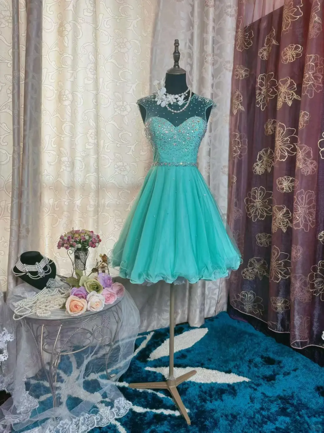 Gorgeous Green Tulle Beaded A Line Short Homecoming Dress Formal Birthday Outfits Y9471